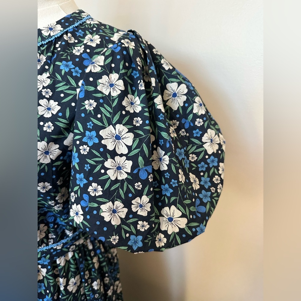 &merci Navy Blue Floral V-Neck Puff Sleeve Midi Dress Size Small - Picture 9 of 10
